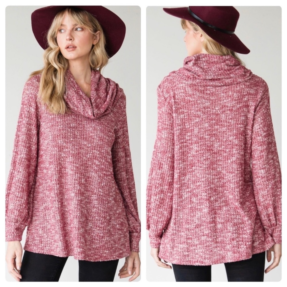 Soft Waffle Turtleneck Top - Size Large - Heathered Look Red & White